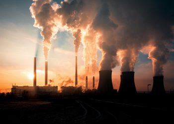 coal fired power station silhouette at sunset, Pocerady, Czech r